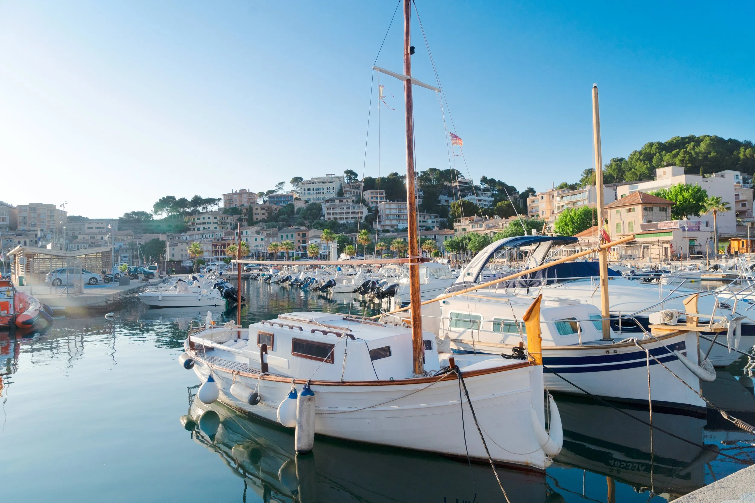 A marina with boats docked on calm water, hillside homes in the background, and clear blue sky.