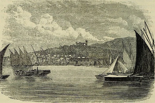 A black and white illustration of boats on the water with a landscape that includes a hill and a castle or fortress in the background.