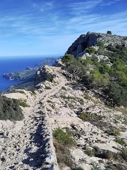 A rocky mountain trail with a stone wall, overlooking the sea and surrounding rugged landscape, with trees and clear blue sky.