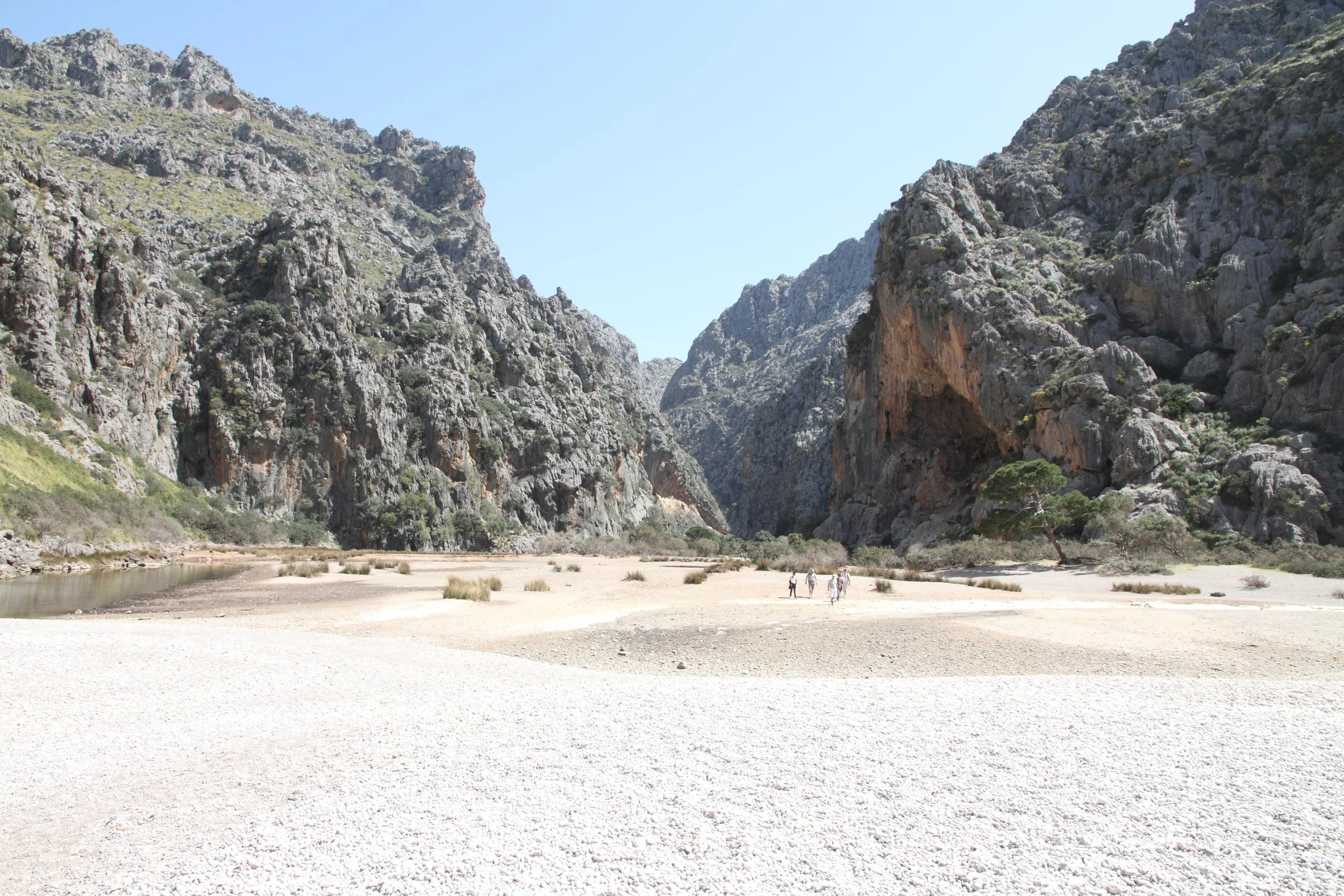 A sandy desert valley with sparse vegetation and a river, surrounded by steep rocky cliffs and a clear blue sky.