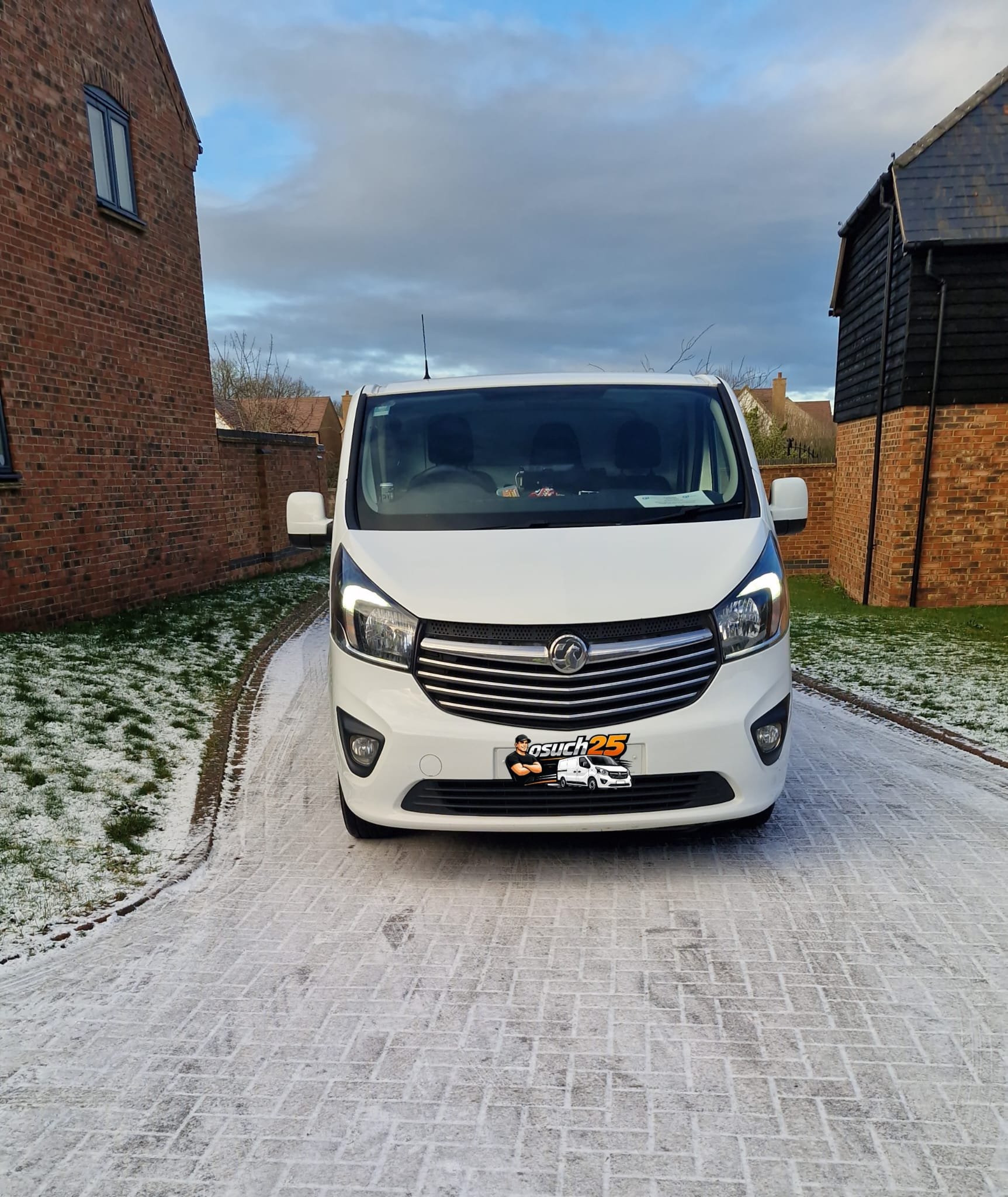 Front view of a white van parked on a driveway with brick houses and a snowy grass in the background.
