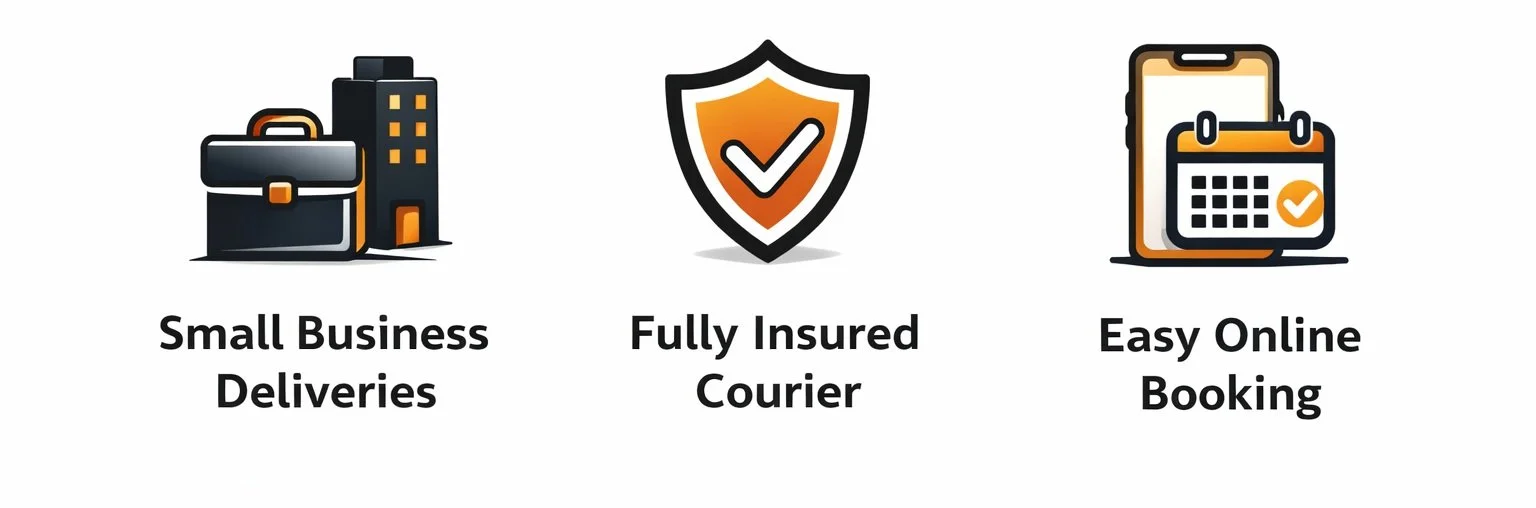 Icons representing small business deliveries, fully insured courier, and easy online booking with brief descriptions below each icon.