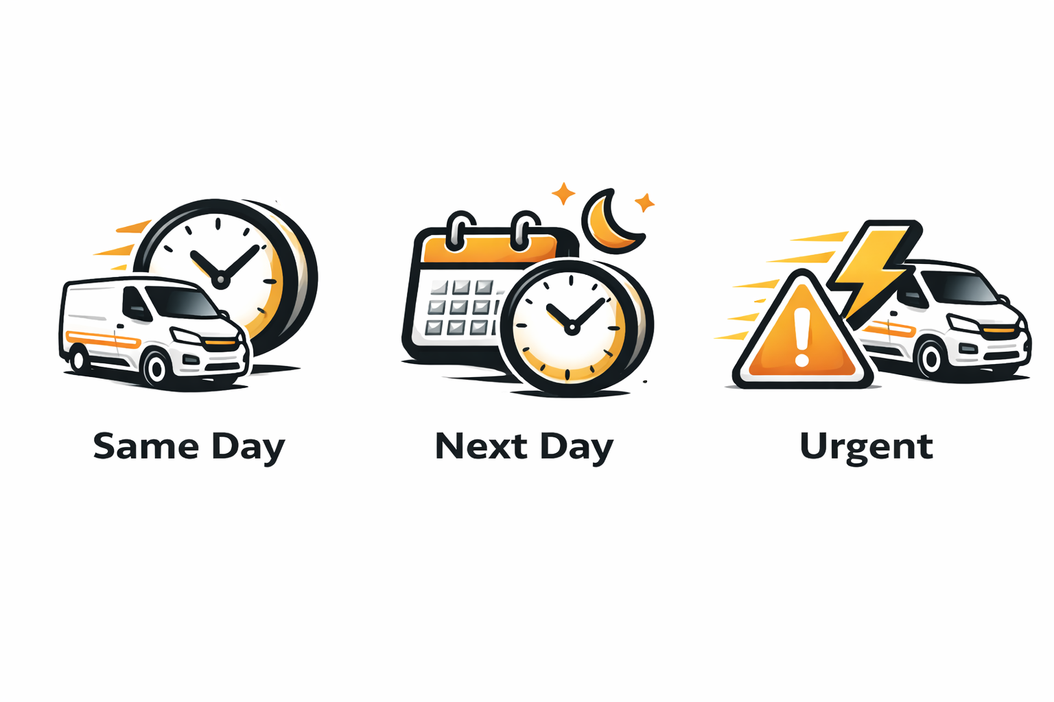 Illustrations of delivery vans with clocks and symbols indicating urgency, labeled 'Same Day,' 'Next Day,' and 'Urgent'.