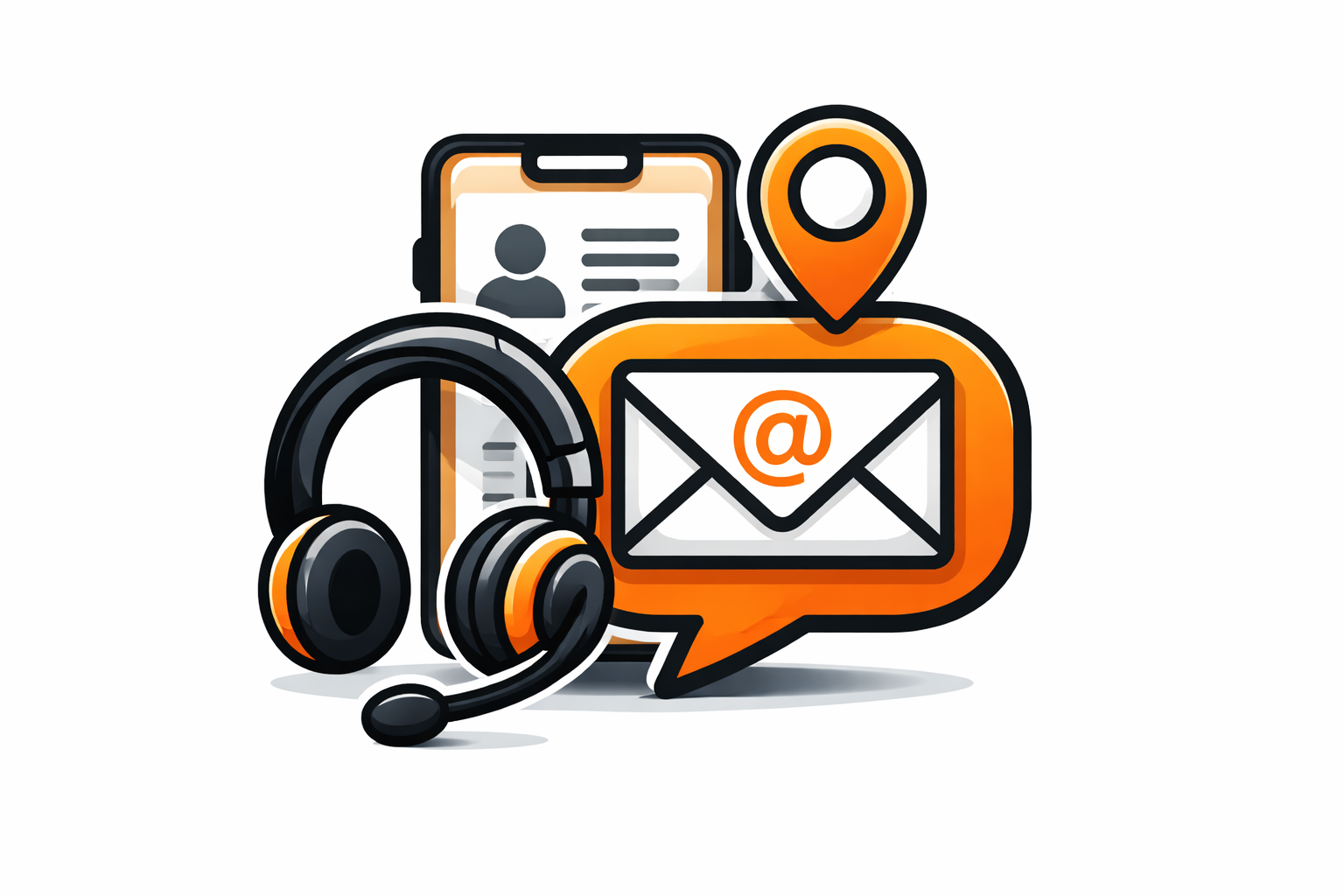 Icon combining a smartphone with a contact profile, a speech bubble with an email symbol, a headset, and a location pin, representing customer support and communication.