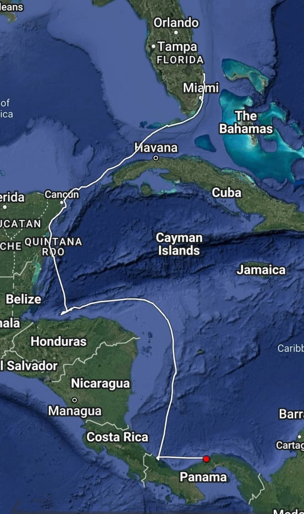 GPS track of bluewater passage from Florida to Panama aboard Searching for the Edge, Bavaria Vision 50