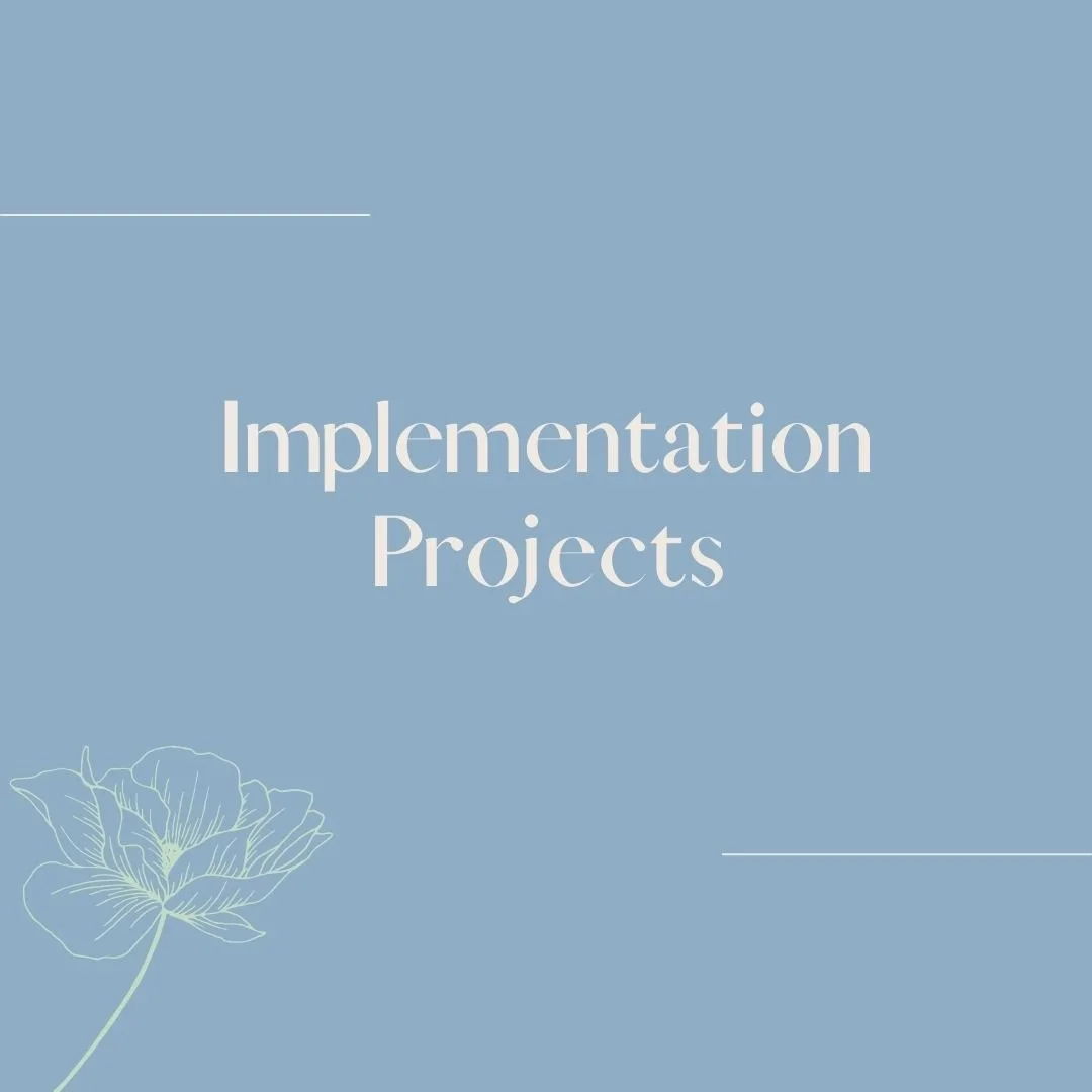Cover slide with light blue background, white line drawings of a flower in the lower left corner, and white text that reads 'Implementation Projects'.