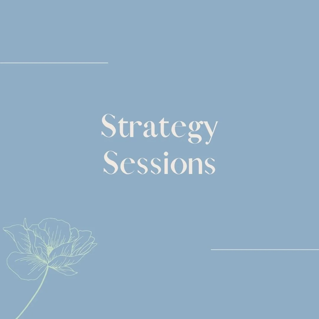 Light blue background with white text 'Strategy Sessions' and a simple line drawing of a flower in the lower left corner.