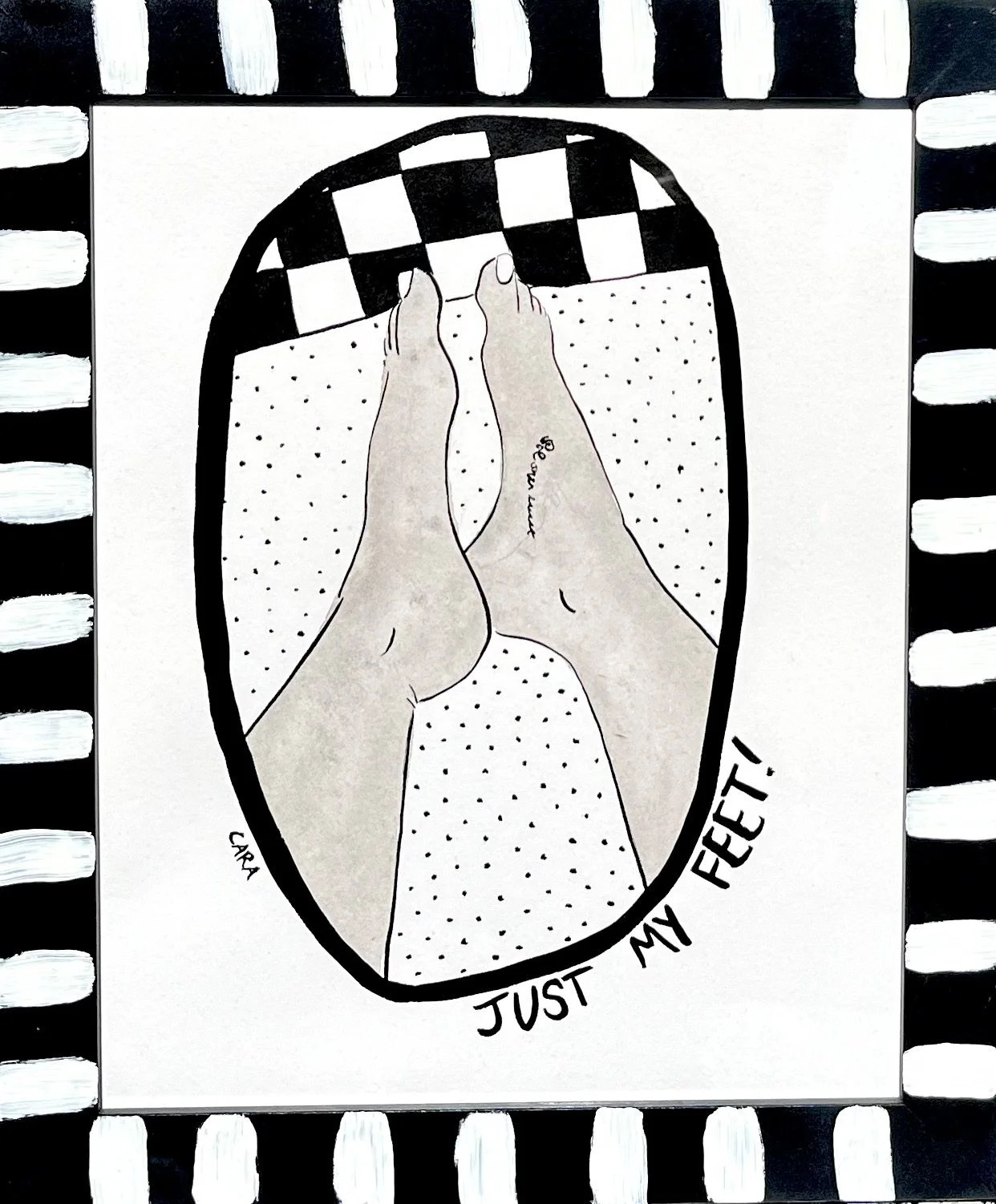 JUST MY FEET!, brush and ink on paper with hand-painted frame, 2023. 14"x12"