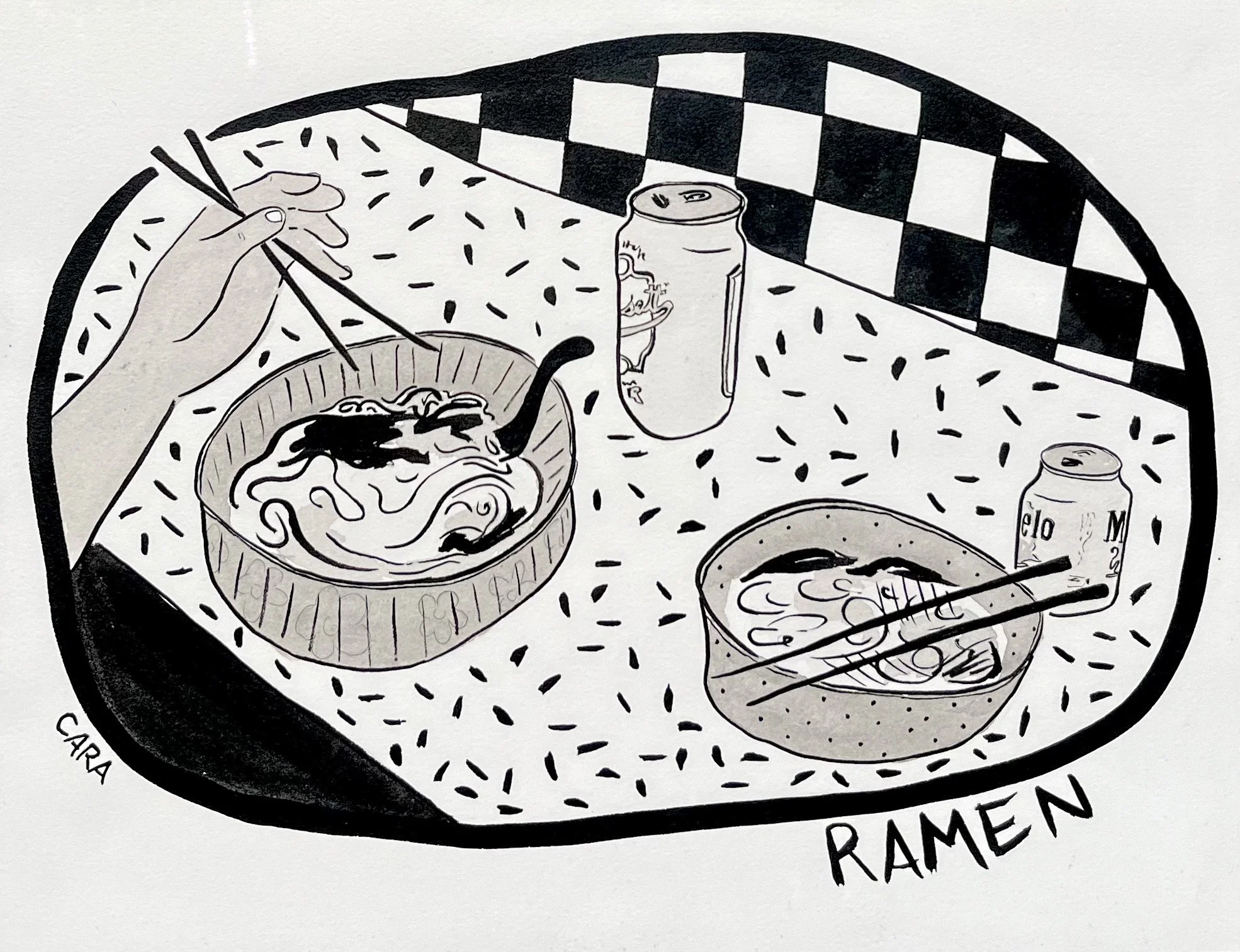 RAMEN, brush and ink on paper, 2023. 14"x18"