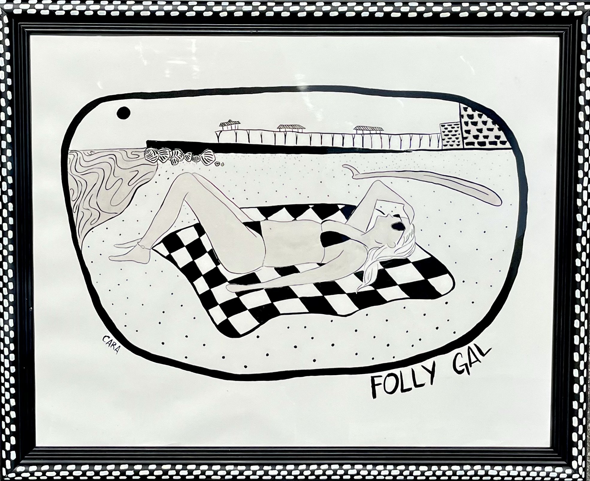 FOLLY GAL, brush and ink on paper with hand-painted frame, 2023. 24"x28"