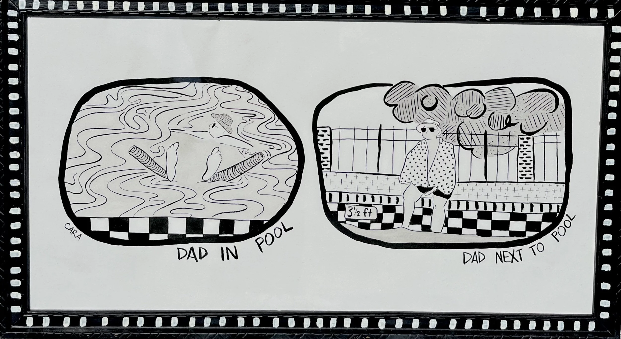 DAD IN POOL, brush and ink on paper with hand-painted frame, 2023. 20"x16"