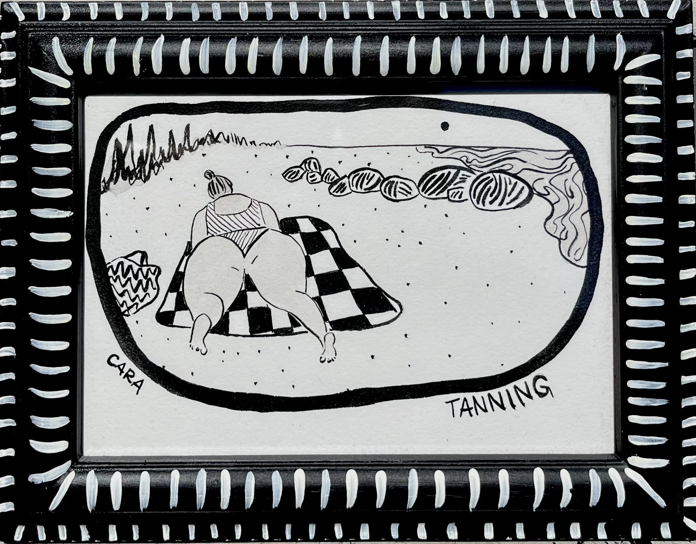 Tanning, brush and ink on paper, hand-painted frame, 2023. 5"x7"