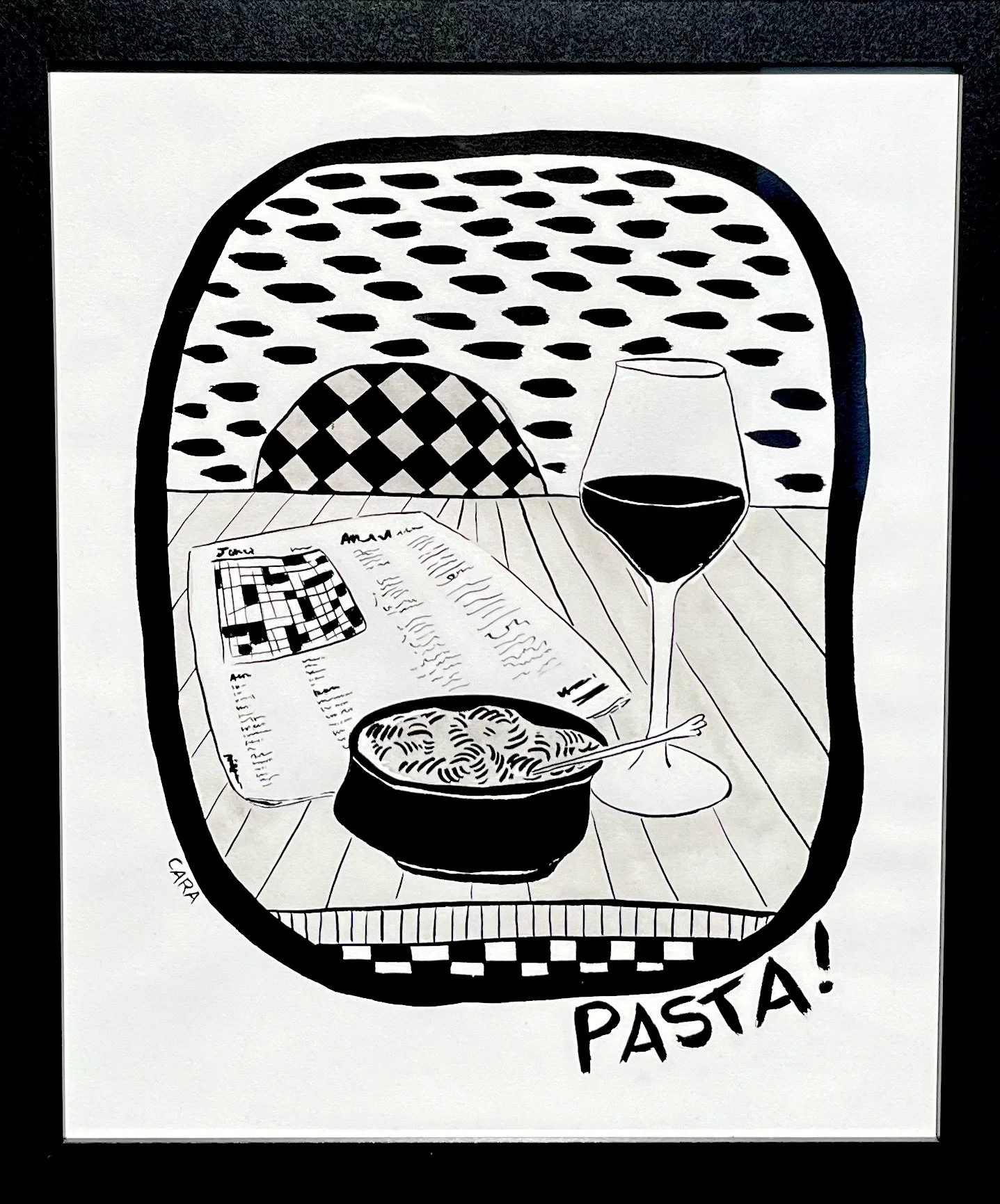 PASTA!, brush and ink on paper, 2023. 18"x16"
