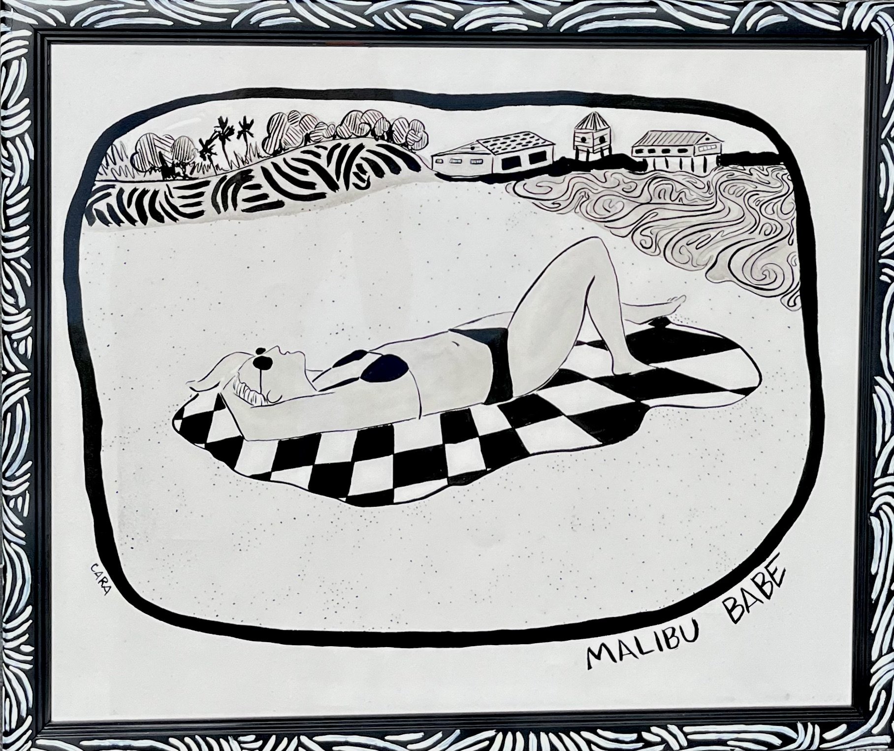 MALIBU BABE, brush and ink on paper with handpainted frame, 2023. 26"x24"