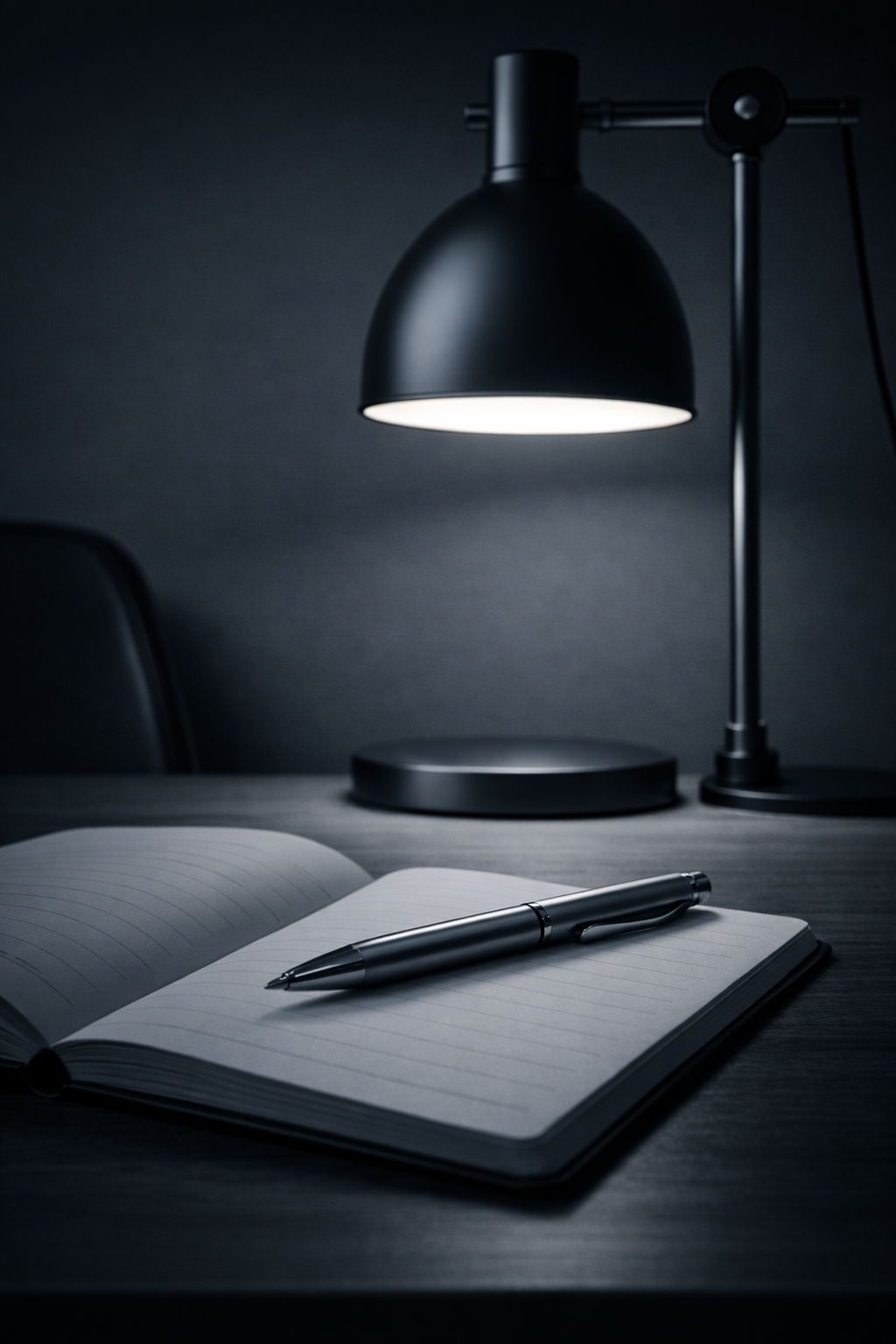 Open notebook with blank lined pages resting on a dark wooden table, accompanied by a silver pen. A black desk lamp with a modern design illuminates the workspace, with a dark background.