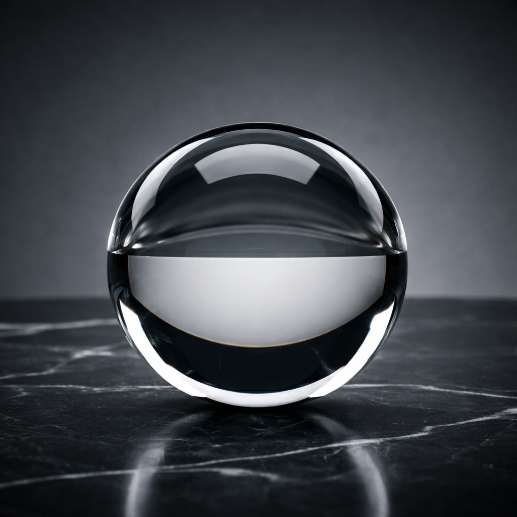 A clear glass sphere with a reflective surface sitting on a dark marble surface with white veining, against a gray background.