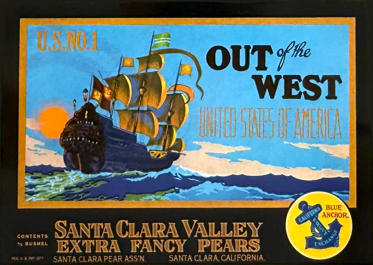 Vintage advertisement for Santa Clara Valley extra fancy pears, featuring a sailing ship on the ocean with a sunset in the background. Includes a blue anchor logo with the words 'California Blue Anchor Exchange' and text indicating the product is fro
