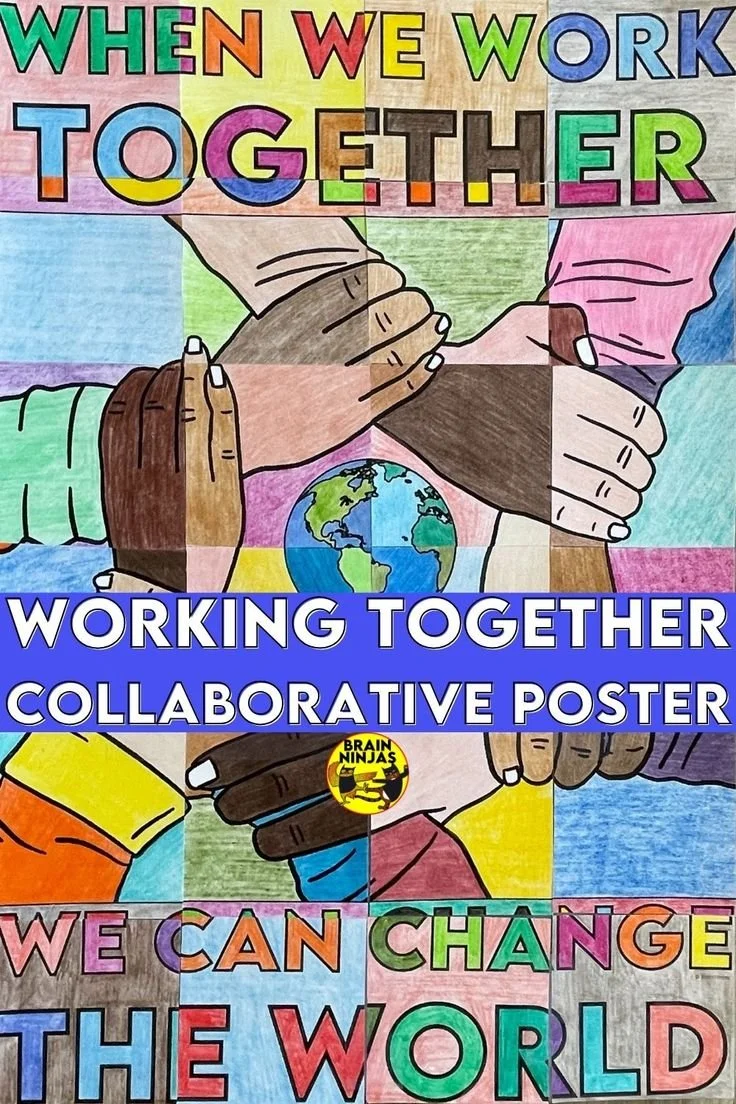 Colorful poster with text about teamwork, collaboration, and positive change, depicting hands stacked together above a globe.
