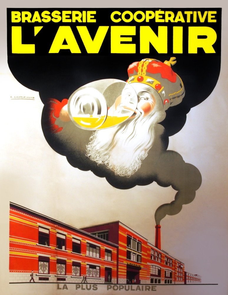 A vintage poster for Brasserie Coopérative L'Avenir shows a factory with red and yellow stripes and a large smokestack emitting black smoke. Above, a cartoonish, bearded man with a colorful hat and rosy cheeks, holding a beer glass, is depicted in a 
