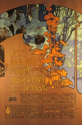 Art poster with an orange and purple color scheme promoting a cooperative for pensioners, featuring a tree and a group of people in the background.