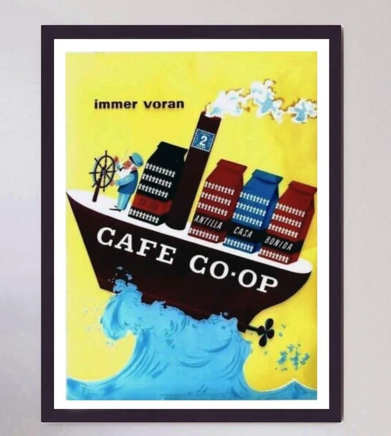 A colorful illustration of a coffee ship with the words "Café Co-op" on it, featuring five coffee bags labeled Atilia, Casa, Bonda, and two more, with one person at the helm steering the ship, and smoke coming from the chimney, on a yellow background