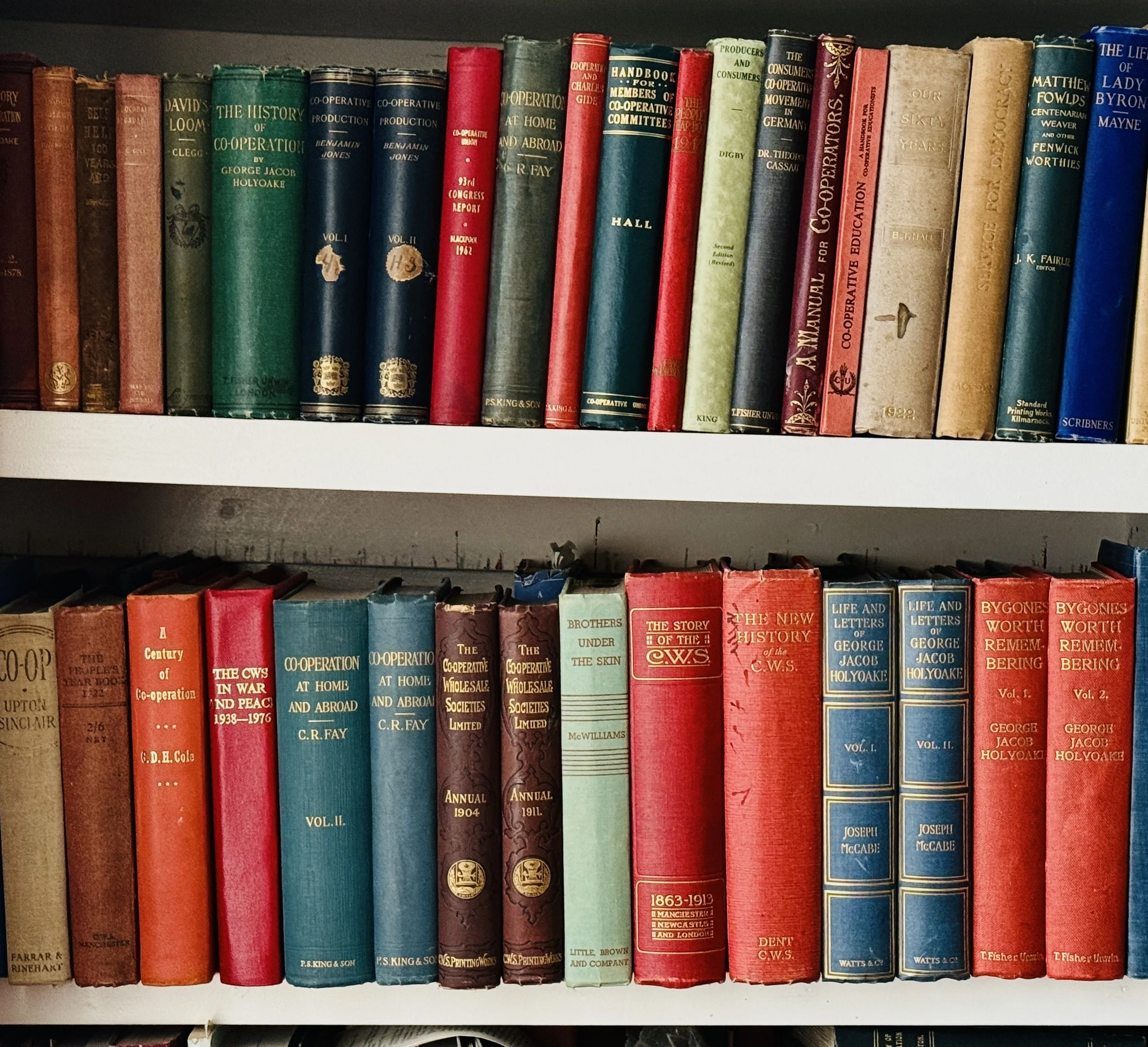 Two shelves of books, primarily on co-operatives, history, and politics, with titles in various colors including green, red, blue, and brown.