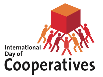 Illustration of multiple people supporting a large red and orange cube above their heads, with text 'International Day of Cooperatives'.