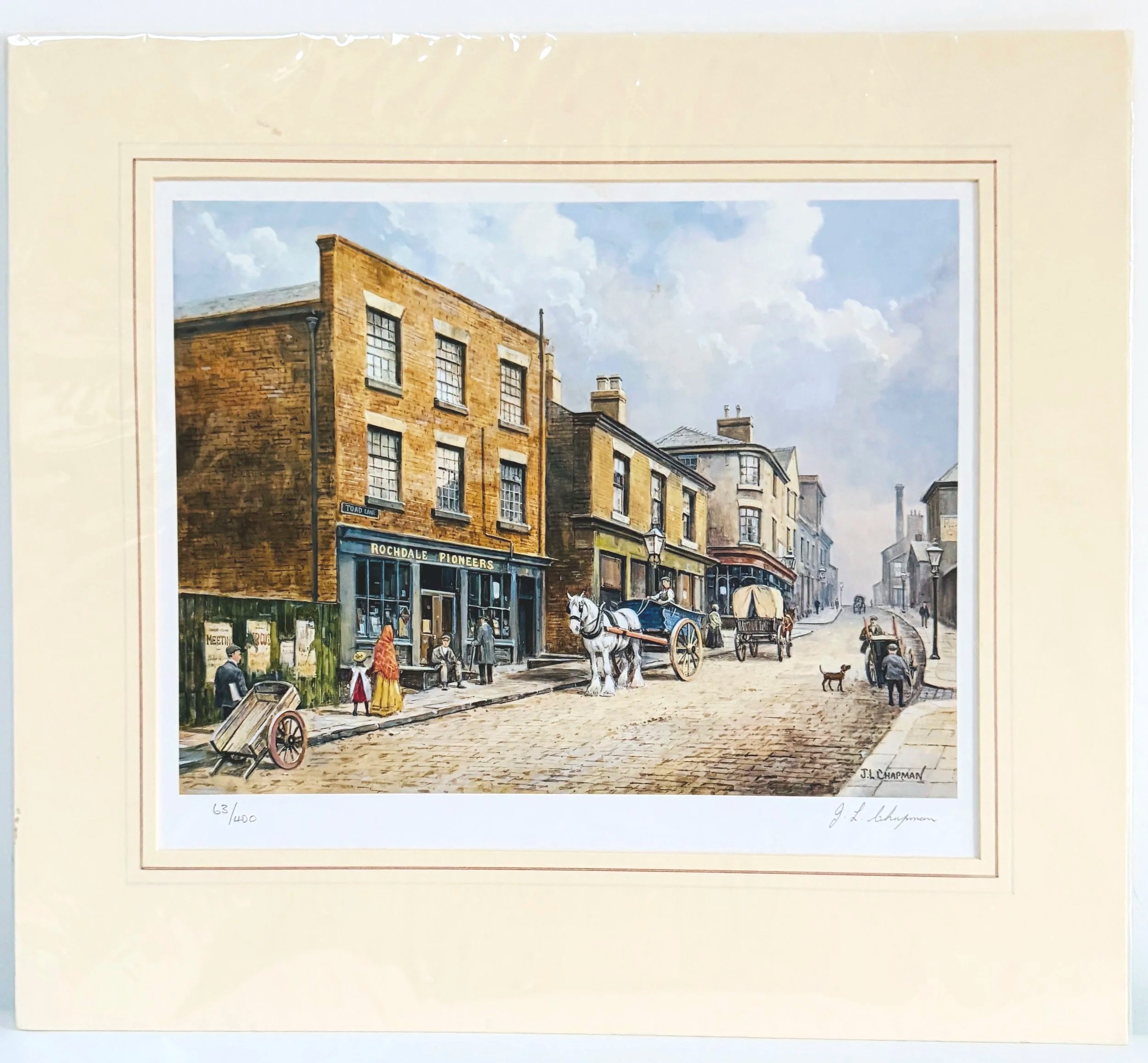 A painting of a historical street scene with brick buildings, horse-drawn carriages, and pedestrians, titled 'Rochdale Pioneers'.