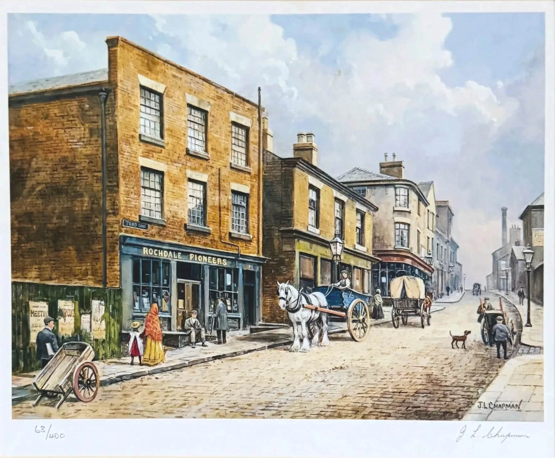 A painting of a historical street scene with brick buildings, horse-drawn carriages, and pedestrians, titled 'Rochdale Pioneers'.