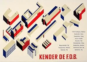 Abstract geometric design with 3D block shapes in red, white, and blue. Text reads 'KENDER DE F.D.B.' at the bottom right.