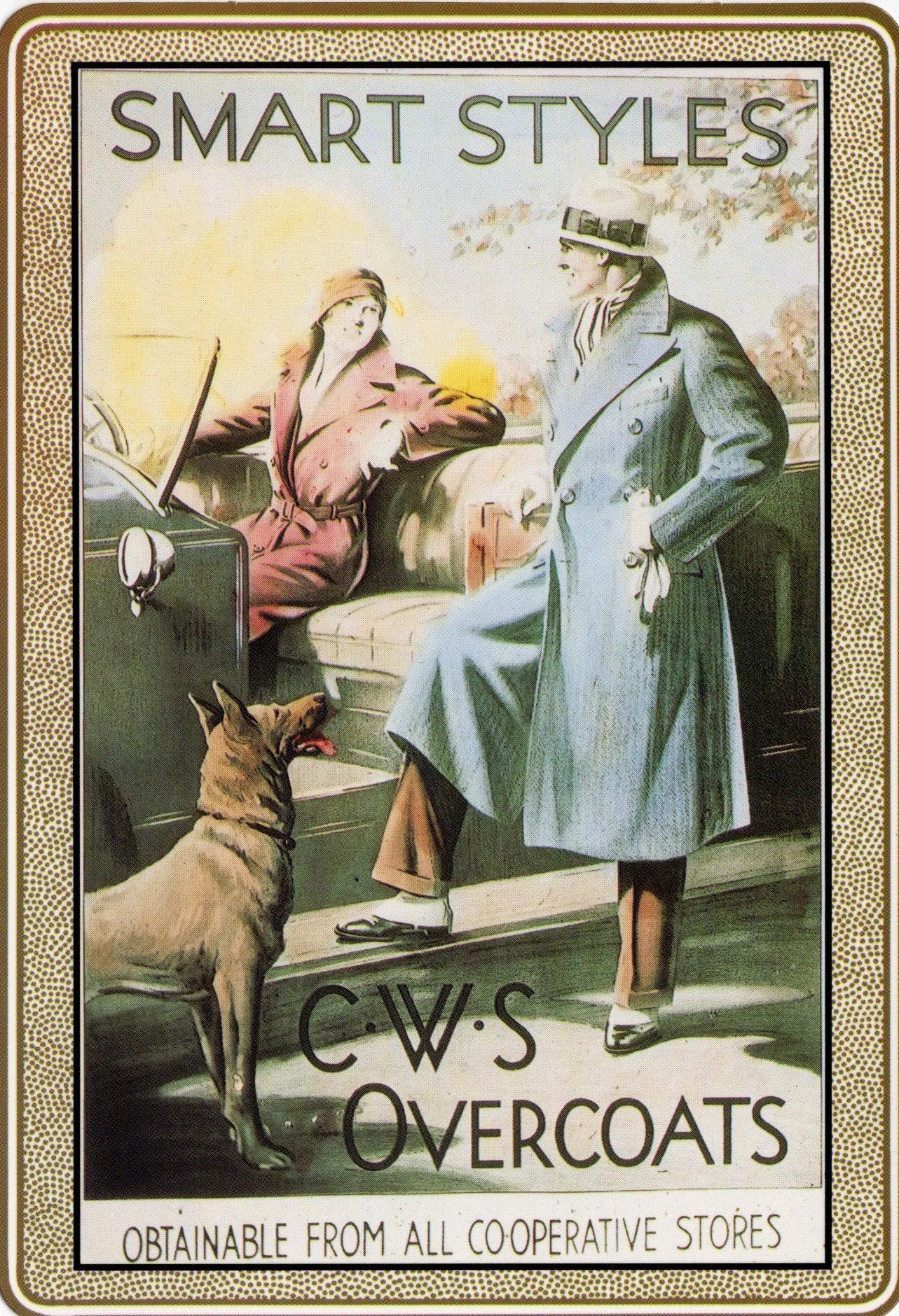 Vintage advertisement showing two women in coats, one sitting in a car and the other standing outside, with a dog, promoting C.W.S Overcoats.