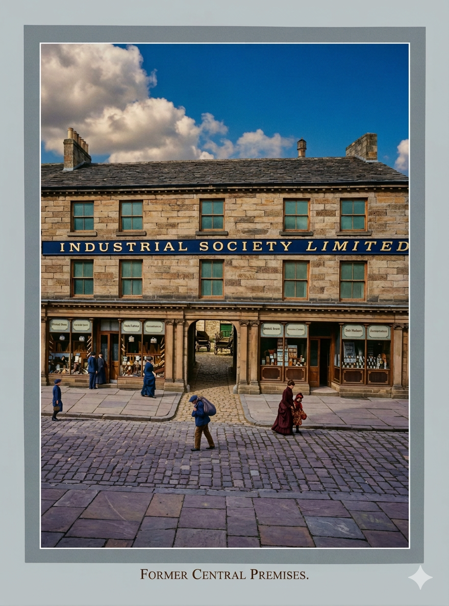 Image of a historic brick building with a sign reading 'Industrial Society Limited,' located on a cobblestone street with people walking in front. The sky is partly cloudy.