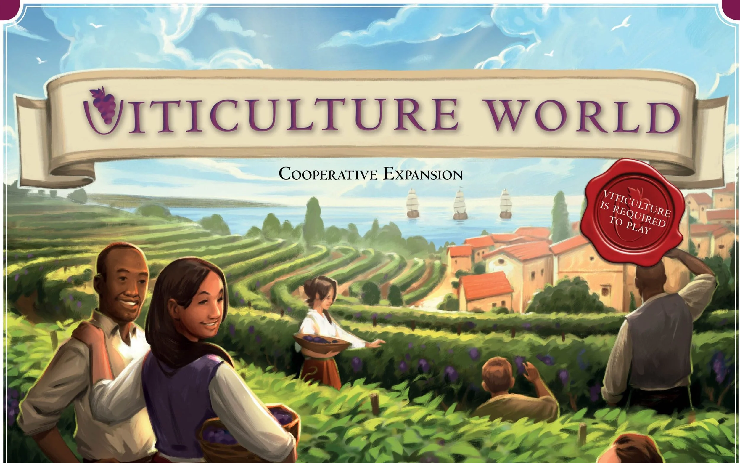 Illustration of a vineyard with rolling hills, a village with red roofs, and a body of water with ships in the distance. Several people are harvesting grapes and taking photos, with a banner at the top that reads 'Viticulture World' and a red seal th