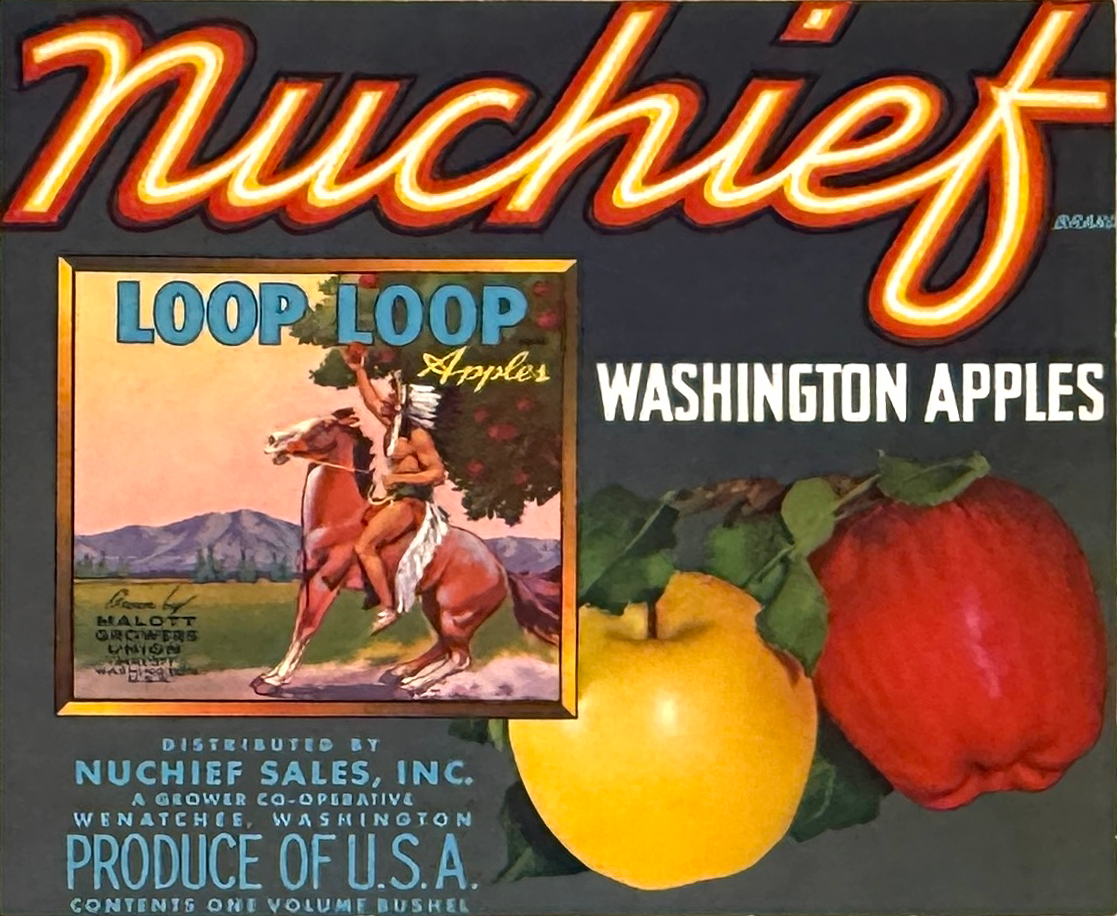 coop co-op Vintage box  sign advertising for Washington Apples with a picture of a Native American riding a horse with mountains in the background; also displays images of a yellow apple and a red apple.