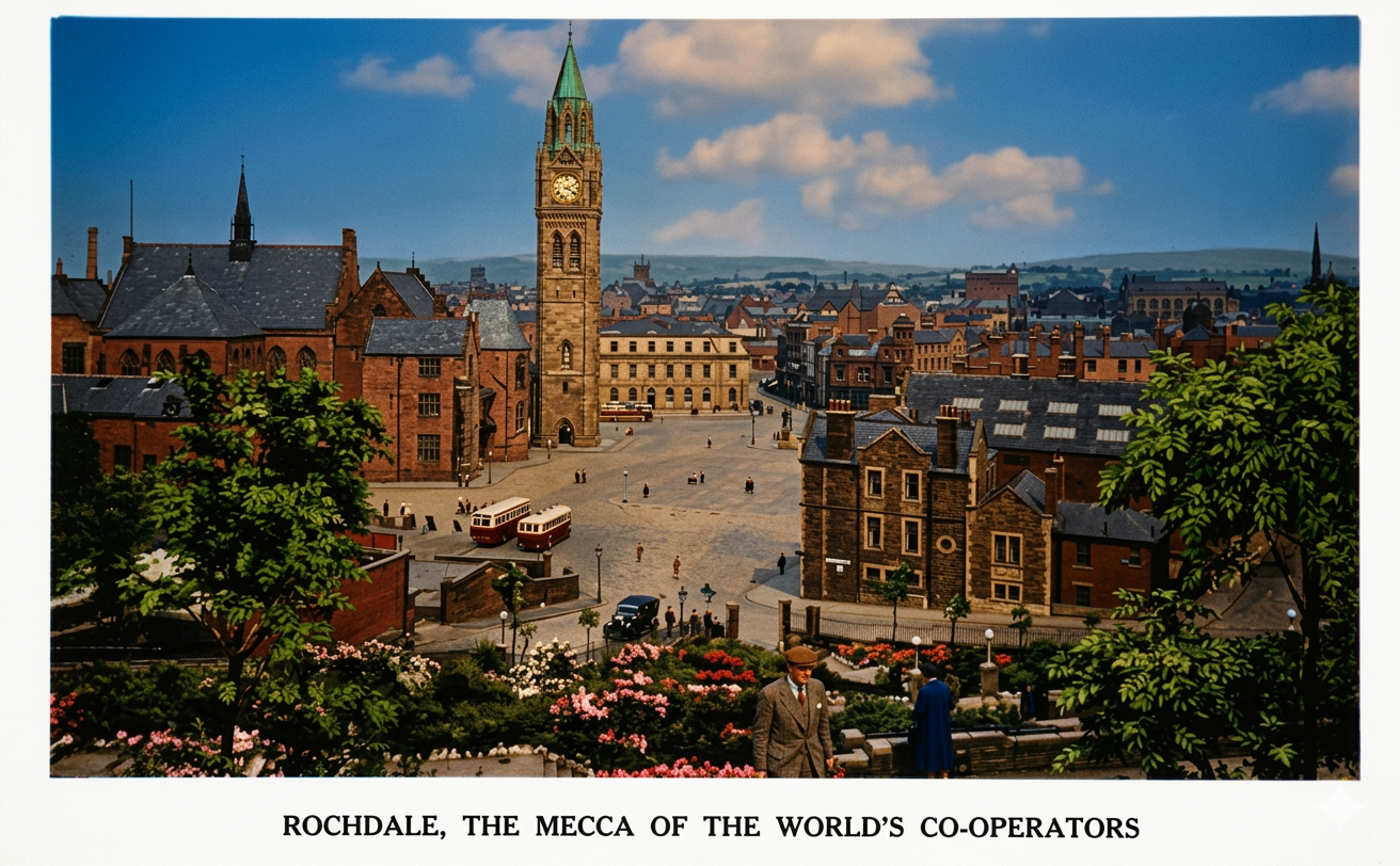 A miniature model of the Rochdale town square with historic buildings, clock tower, trees, flowers, and vintage cars, labeled as "Rochdale, the Mecca of the World's Co-Operators."