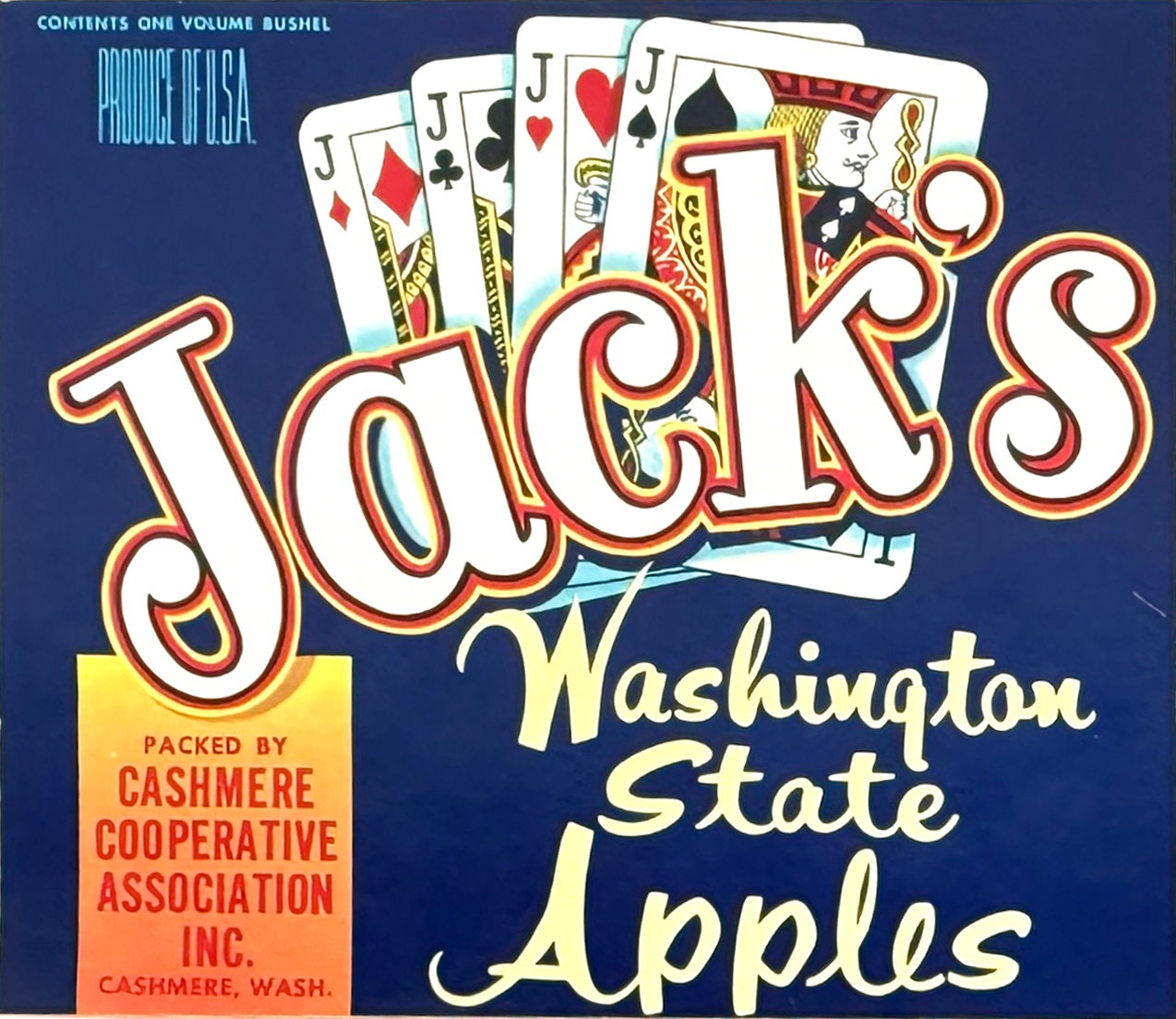 Vintage packaging for Jack's Washington State Apples featuring playing cards and a small red and yellow box with text about the Cashmere Cooperative Association Inc.