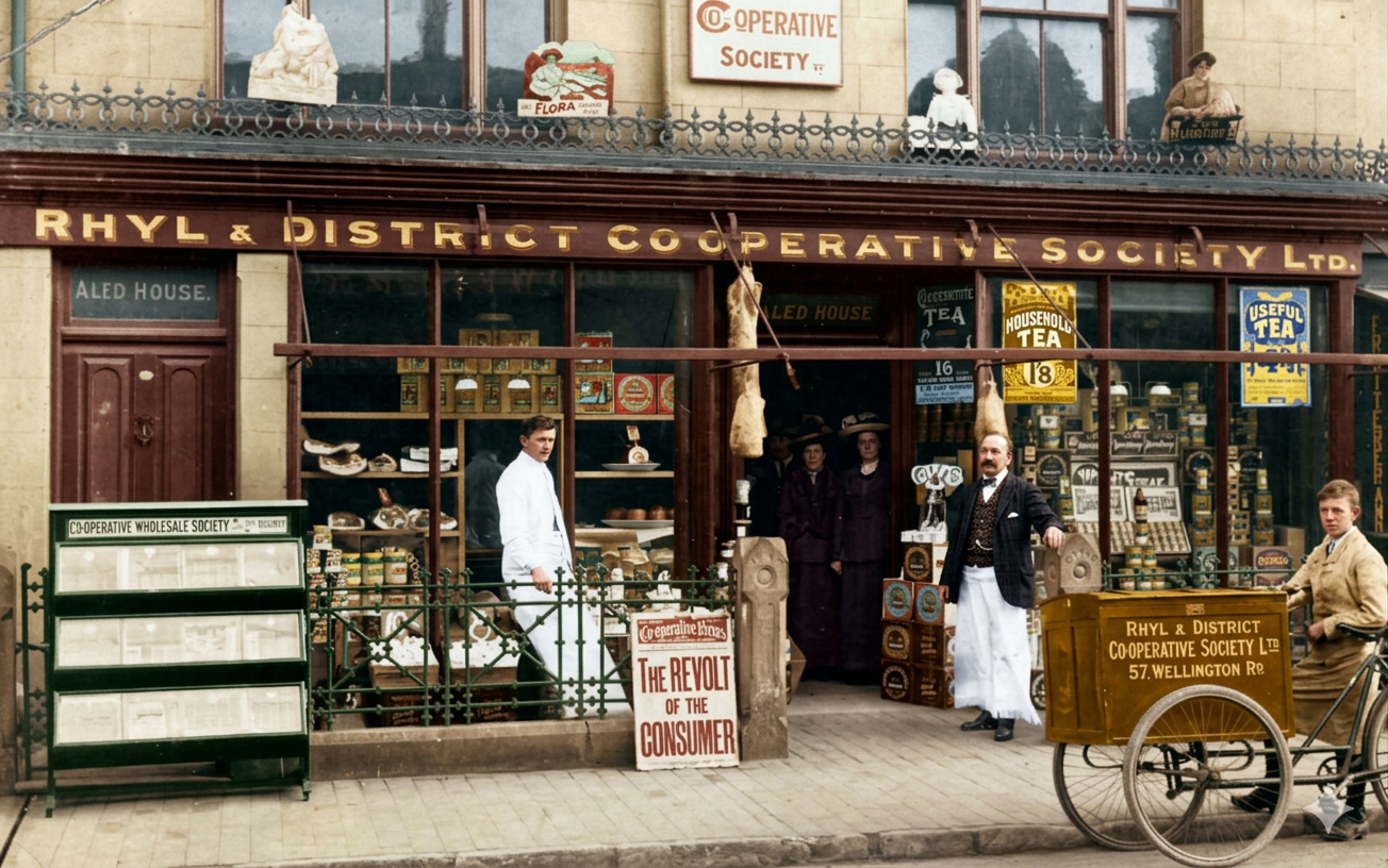 Historical storefront of the Rhyl & District Co-operative Society Ltd., with people standing outside, including a man in a white coat and a man in a dark jacket, a cart with a sign, and signage advertising tea and a slogan "The Revolt of the Consumer