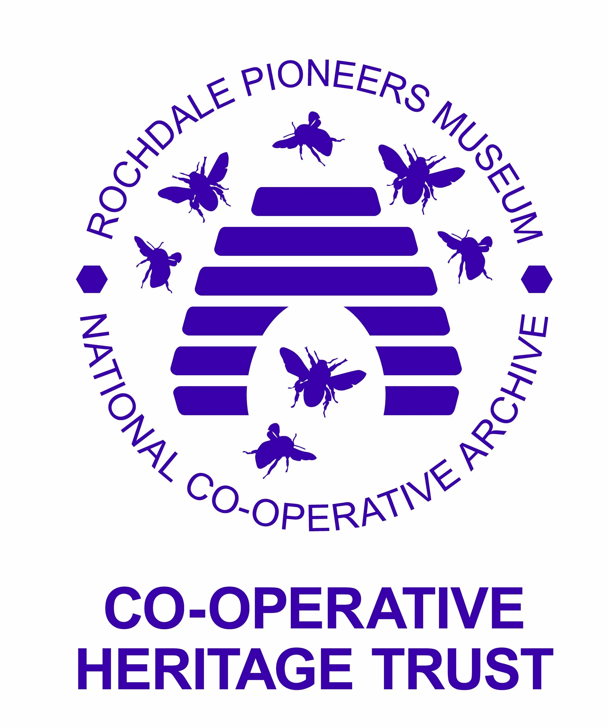 Logo of Rochdale Pioneers Museum featuring a beehive, bees, and the text 'Co-Operative Heritage Trust' in purple.