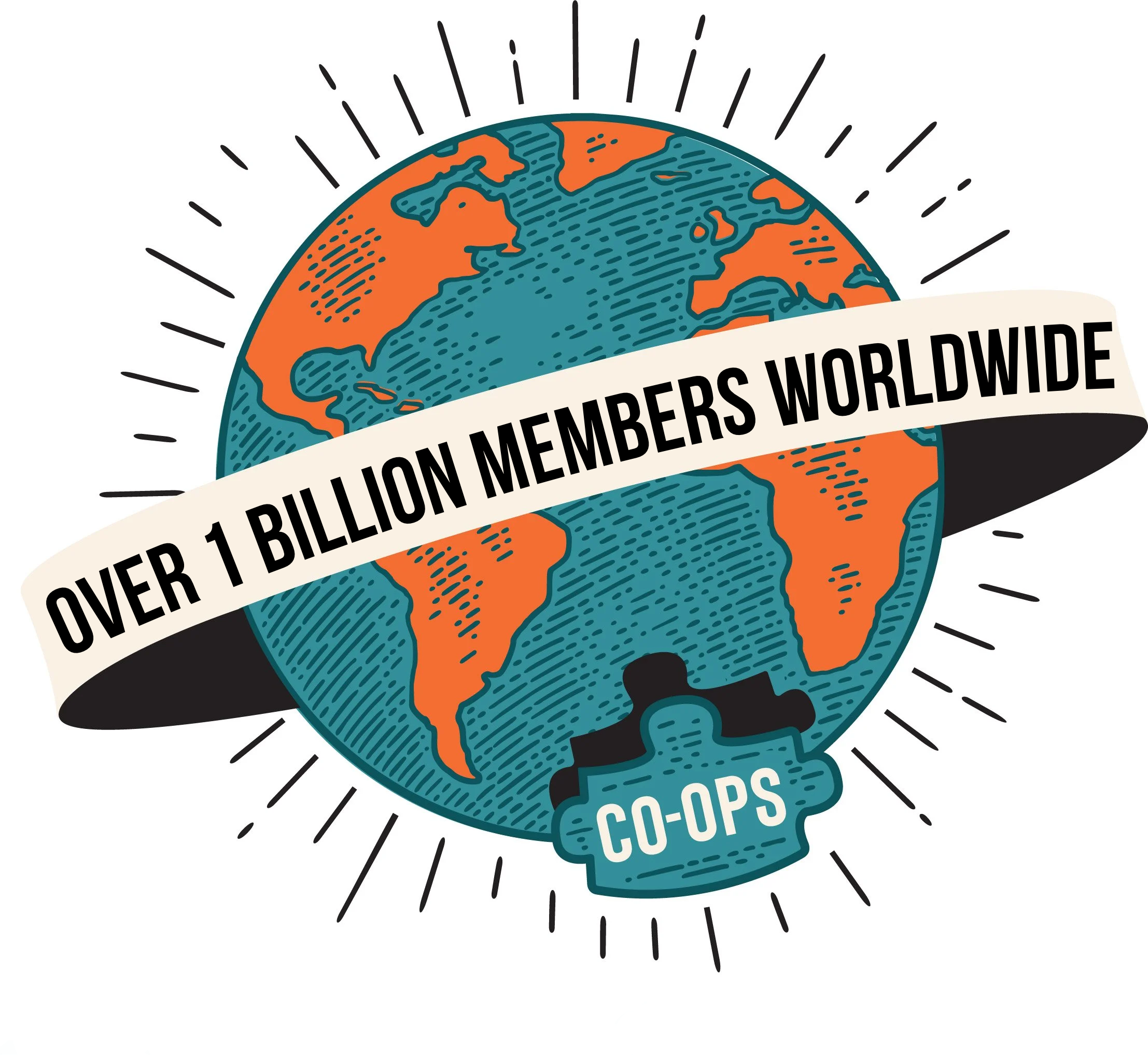 Illustration of the Earth with a banner that reads 'Over 1 Billion Members Worldwide' and a badge labeled 'Co-Ops' at the bottom.