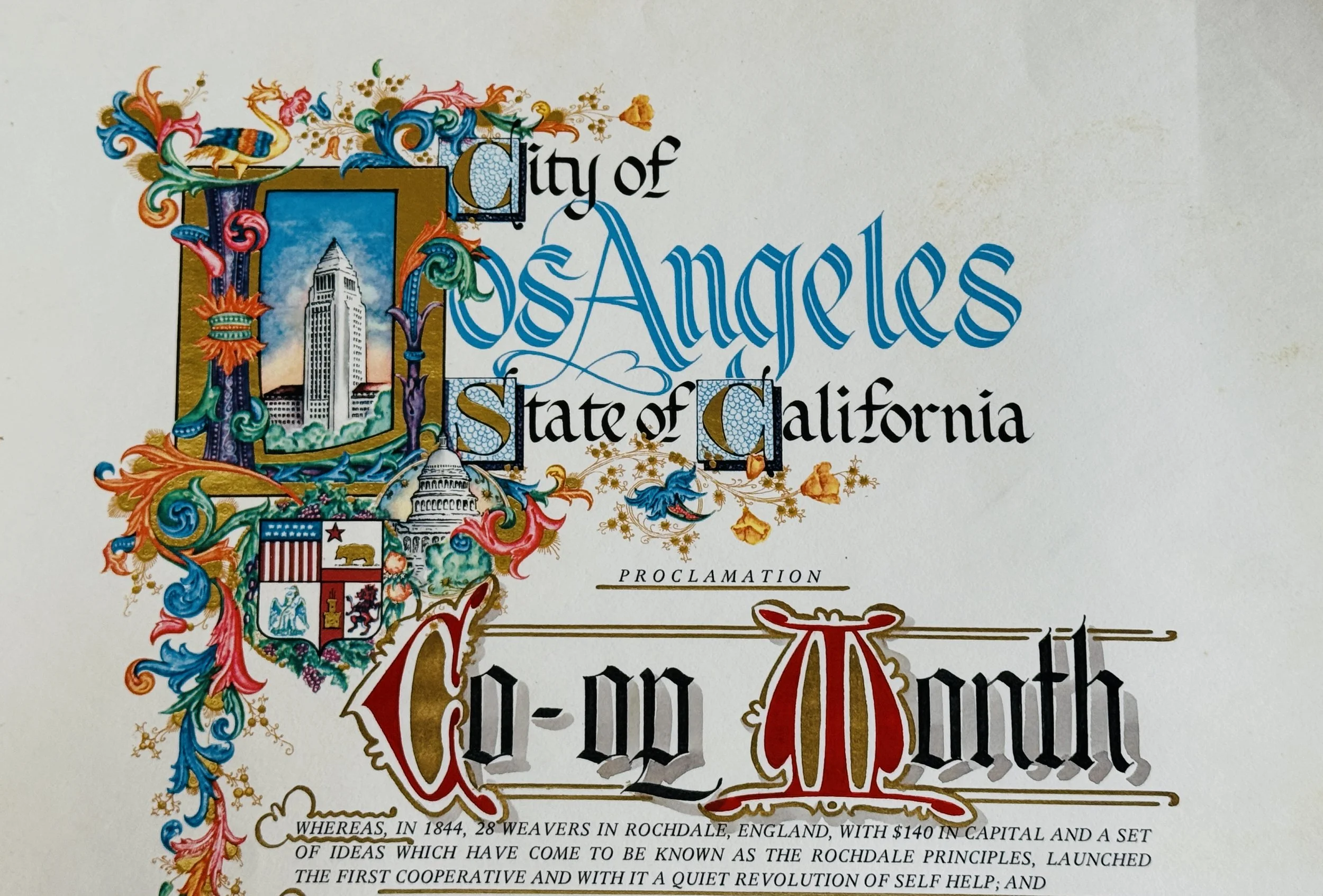 Historic proclamation of the City of Los Angeles, California, with colorful decorative borders, illustrations of city landmarks, and state symbols.
