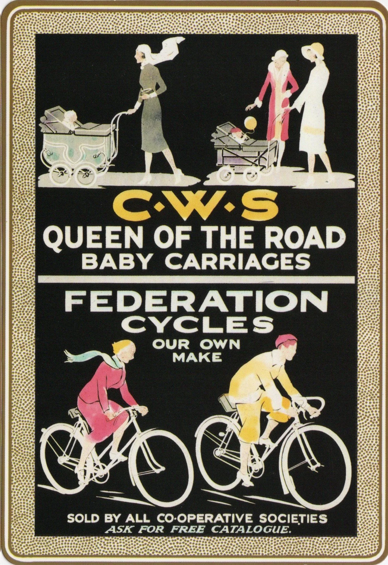Vintage poster advertising women and children with baby carriages and bicycles, promoting cooperative societies.