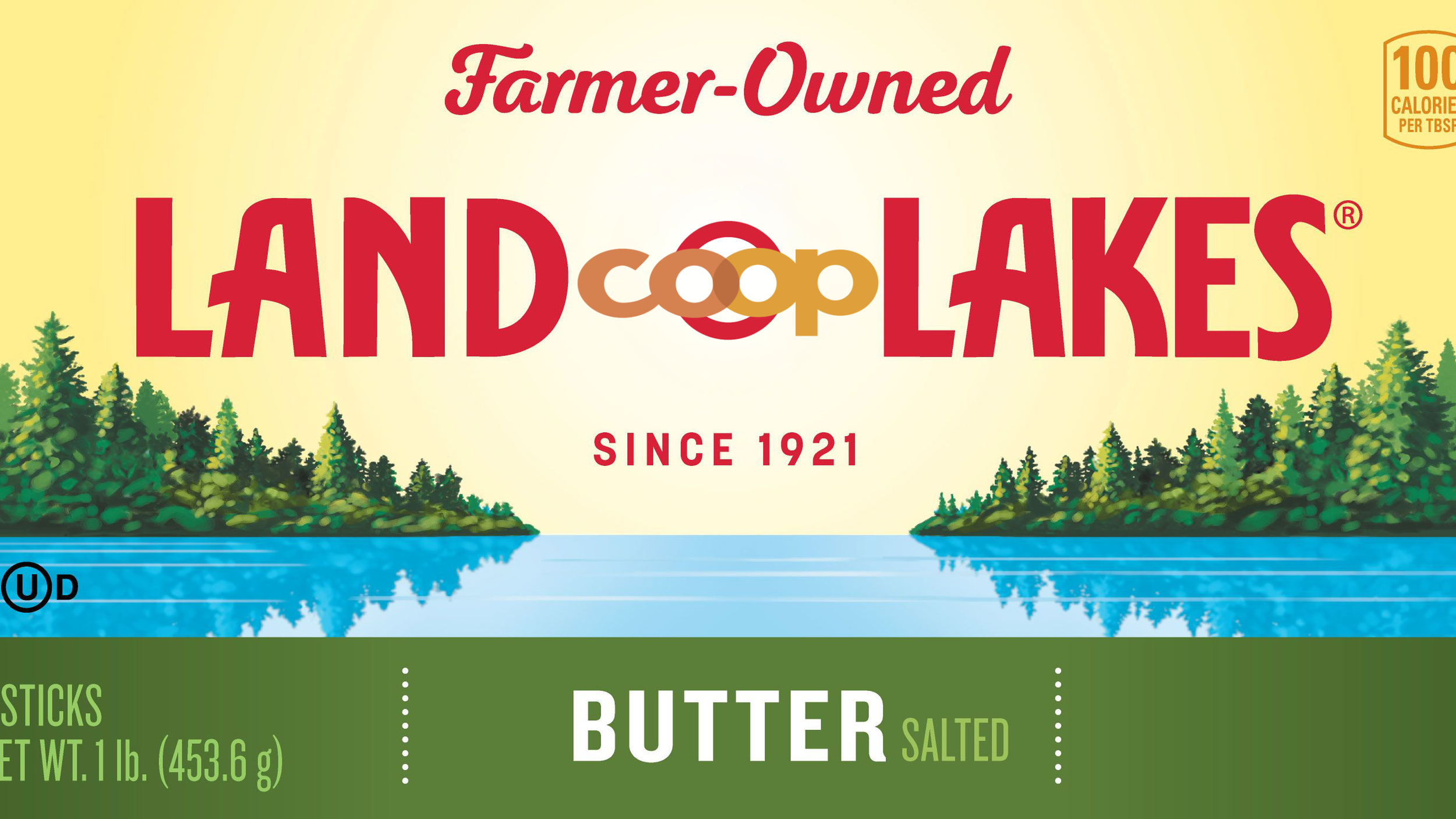 Land O'Lakes butter packaging featuring a lakeside scene with trees, highlighting it as farmer-owned since 1921, with a label indicating it is salted butter, 1 pound (453.6 grams), and 100 calories per serving.