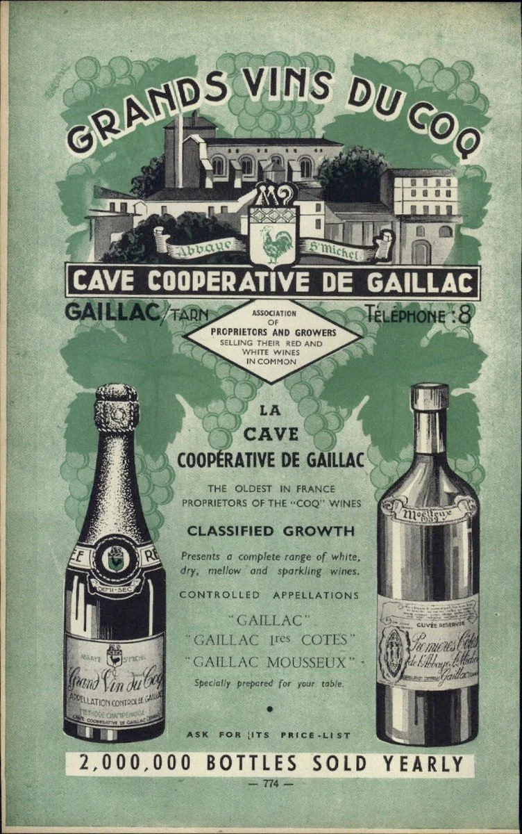 Vintage French wine advertisement for Gaillac wine, featuring buildings, vineyards, and bottles of wine, with French and English text about the wine's history and classifications.