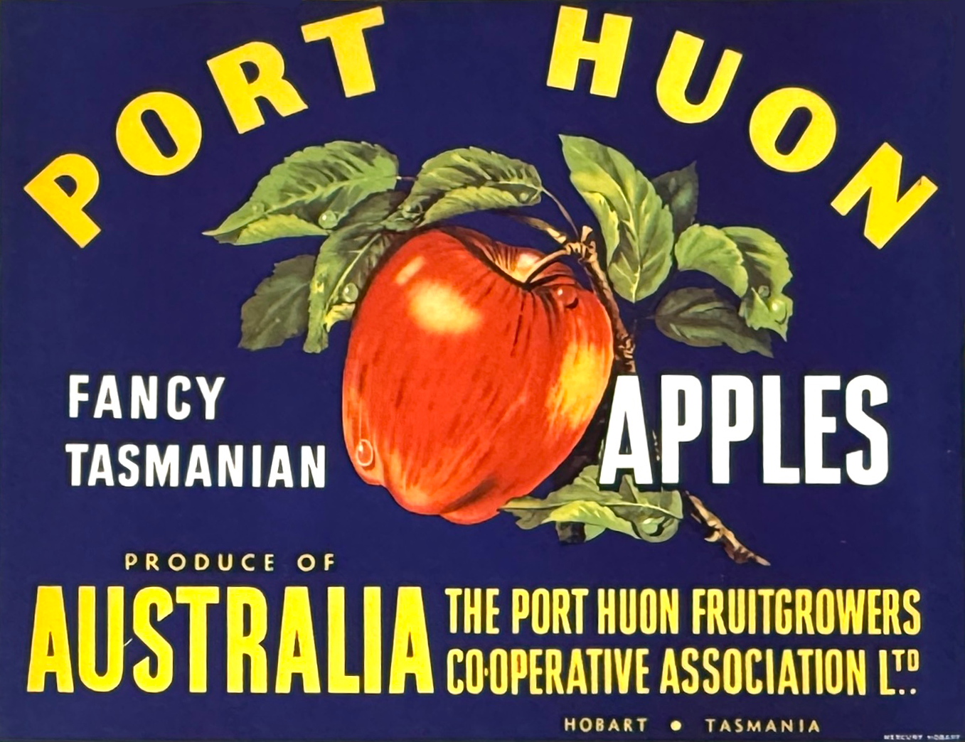 Vintage produce label for North Huon fancy Tasmanian apples, featuring a detailed illustration of a red apple with green leaves against a dark blue background. The text includes the produce origin, producer, and location in Hobart, Tasmania.