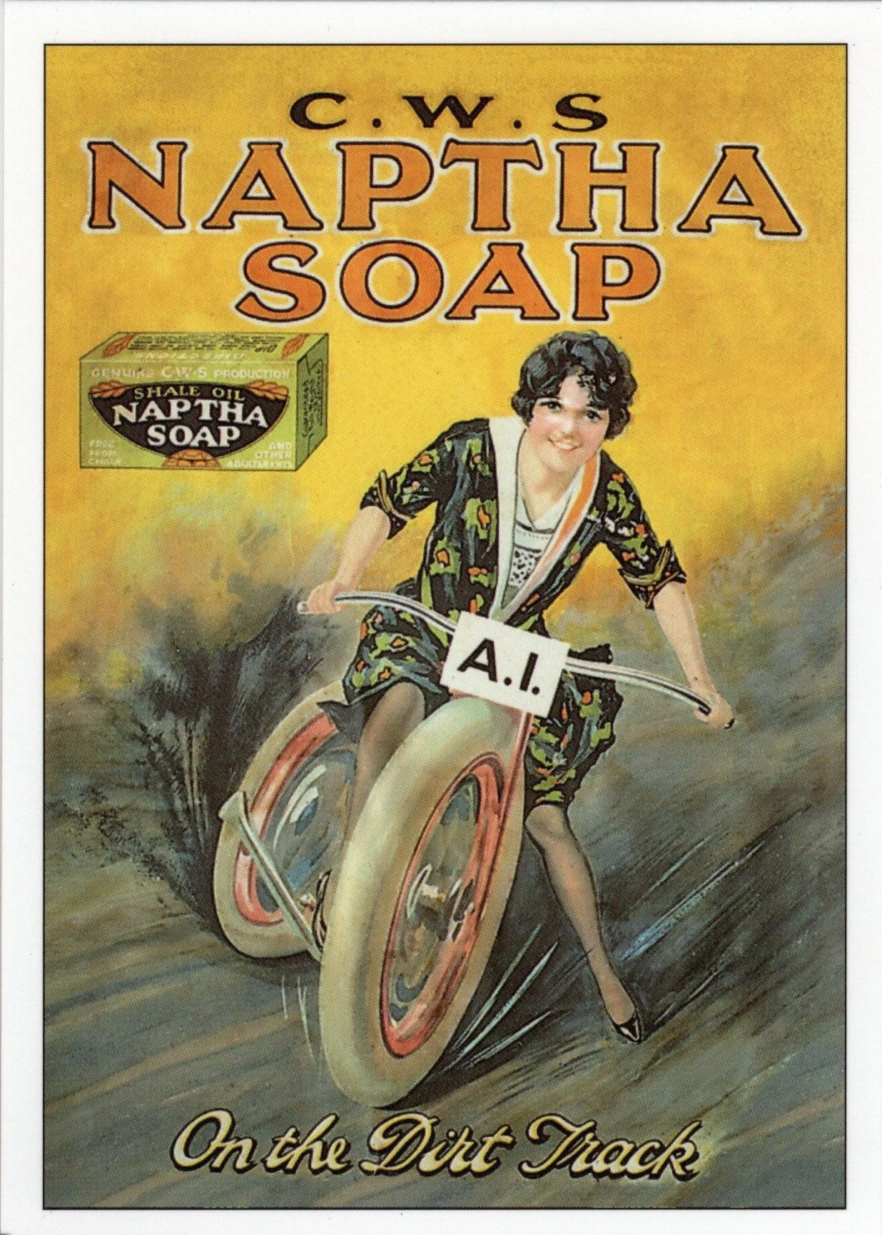 Vintage advertisement featuring a woman in 1920s attire riding a motorcycle with a sign labeled "A.I." on the front, promoting Naptha Soap with a yellow background and the slogan "On the Dirt Track."