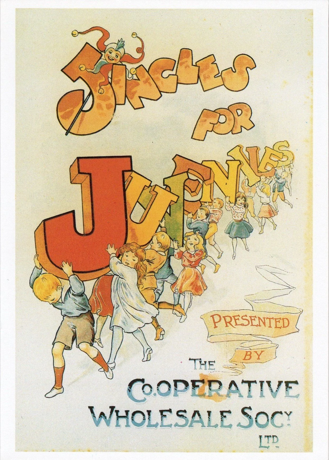 Vintage illustrated cover with children flying in a line holding a large 'J' and 'V' that spells 'Juniors'. The title reads 'Juniors for JUVENILES'. A banner says 'Presented by The Cooperative Wholesale Socy Ltd.'