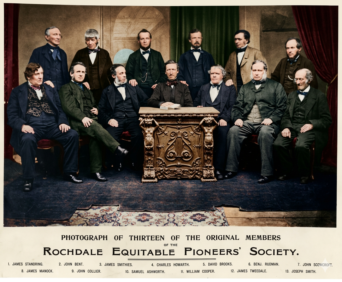 Photograph of thirteen men posing for a formal group portrait, seated and standing behind a decorative table, in a historical setting with curtains and a painted backdrop. The image is titled "Thirteen of the Original Members of the Rochdale Equitabl