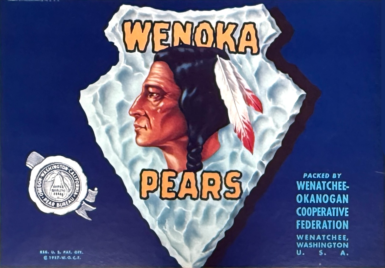 Vintage illustration of native American man with long dark hair, face in profile, wearing two feathers in his hair. The background has a blue color with a torn paper effect around the man, with the words "Wenoka Pears" in large letters at the top and