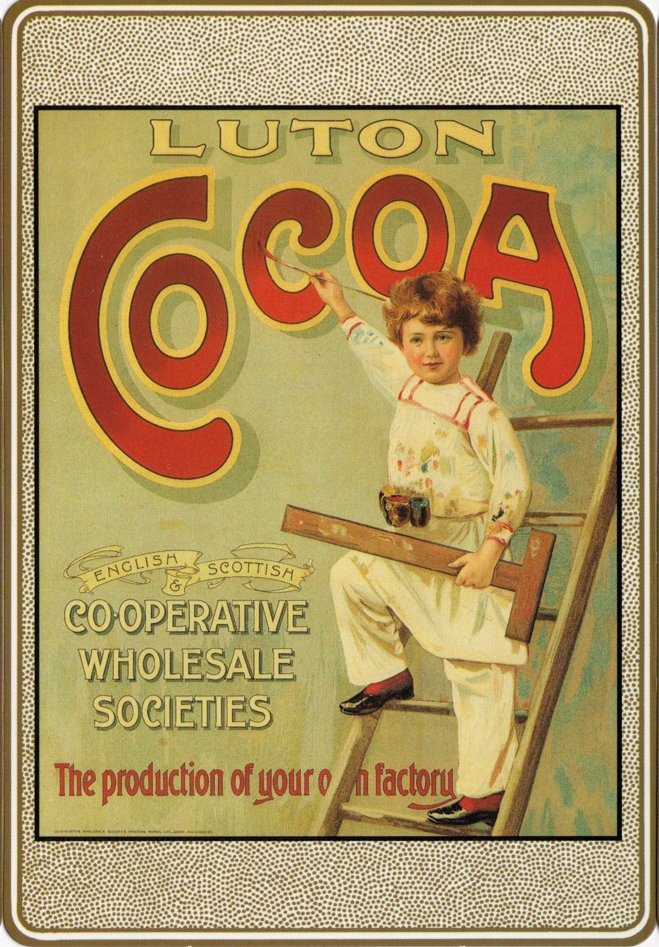 Vintage poster advertising Luton Coal, with a young boy painting the word 'COAL' on a wall, sitting on a step ladder, holding a paintbrush and a ruler, dressed in light-colored clothing with red accents, against a pale green background.