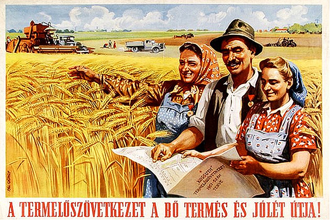 Colorful vintage illustration of a farm scene with three happy farmers in the foreground—one man with a hat and two women—standing in a wheat field while examining a map. In the background, large farm machinery and trucks work in the fields under a p